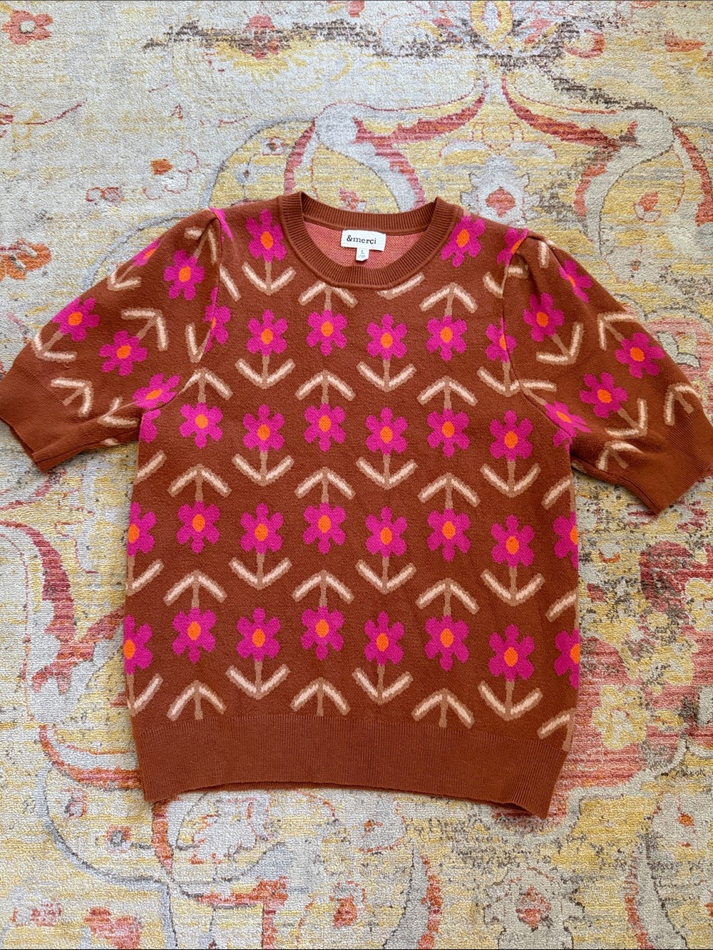 &merci Brown Floral Crewneck Sweater with Pink Flowers